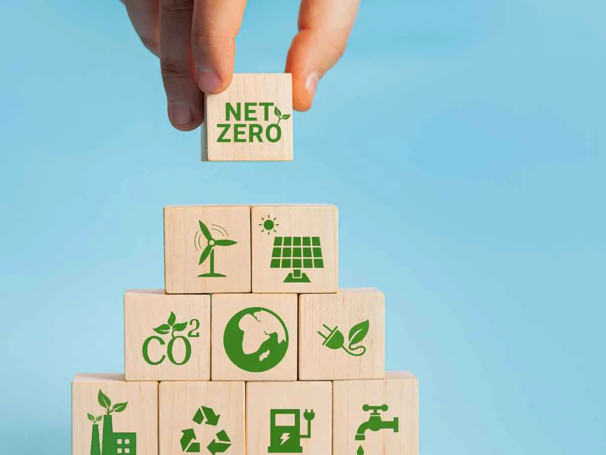 Corporate leaders discussing sustainability strategies to align with net-zero emissions targets and ESG reporting standards